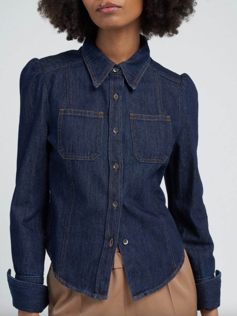 $325 Dries Van Noten Dark Blue Denim Jean Cymbal Formfitting Slim Blouse Top 2
